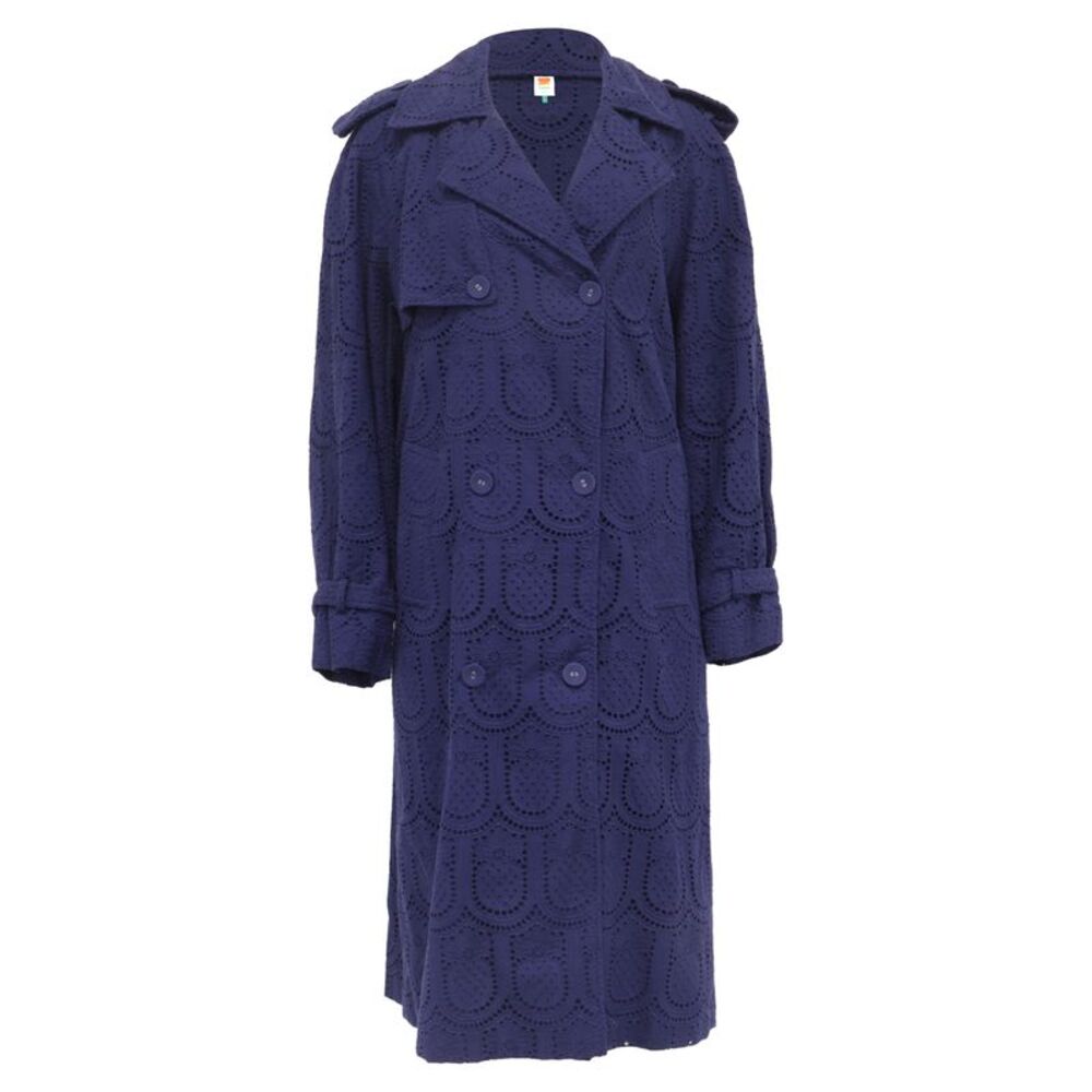 Farm Rio Eyelet Double-Breasted Trench Coat in Navy Blue Cotton